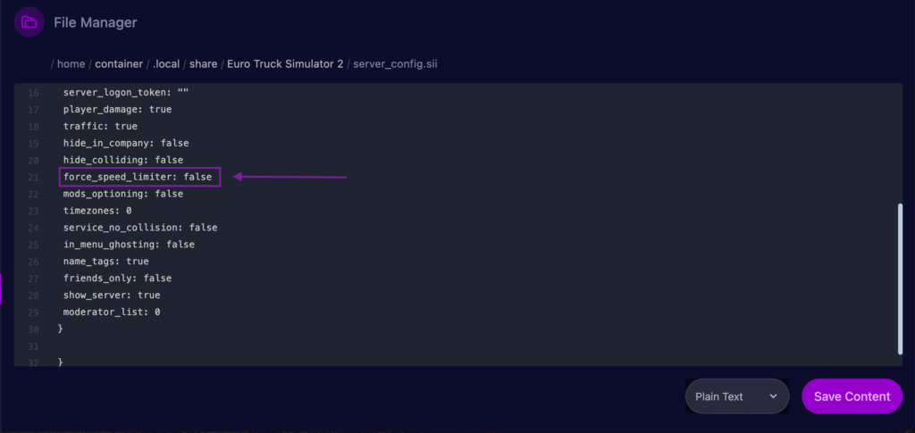 Cybrancee Panel editor highlighting the force_speed_limiter parameter in the server_config.sii file