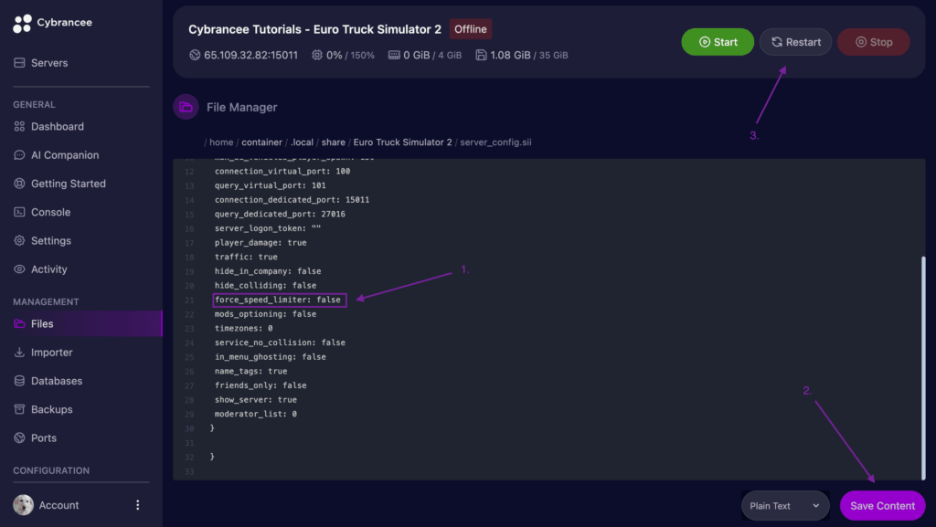 Cybrancee Panel editor with force_speed_limiter parameter highlighted with Save and Restart steps marked.