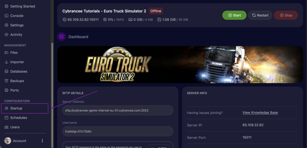 An image of Cybrancee Panel showing Startup Category on a Euro Truck Simulator 2 Server