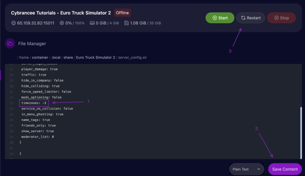 Cybrancee Panel Euro Truck Simulator 2 config page displaying applied changes for the server timezone setting.