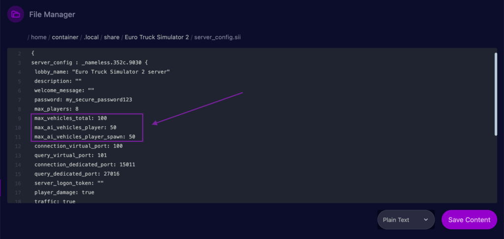 Cybrancee Panel showing the vehicle_limit parameters highlighted in the Server Config