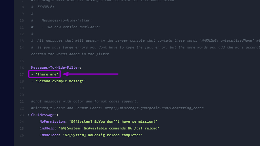 Example message for filtering