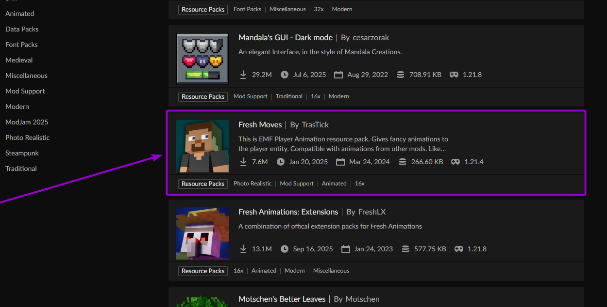 Example of choosing a resource pack