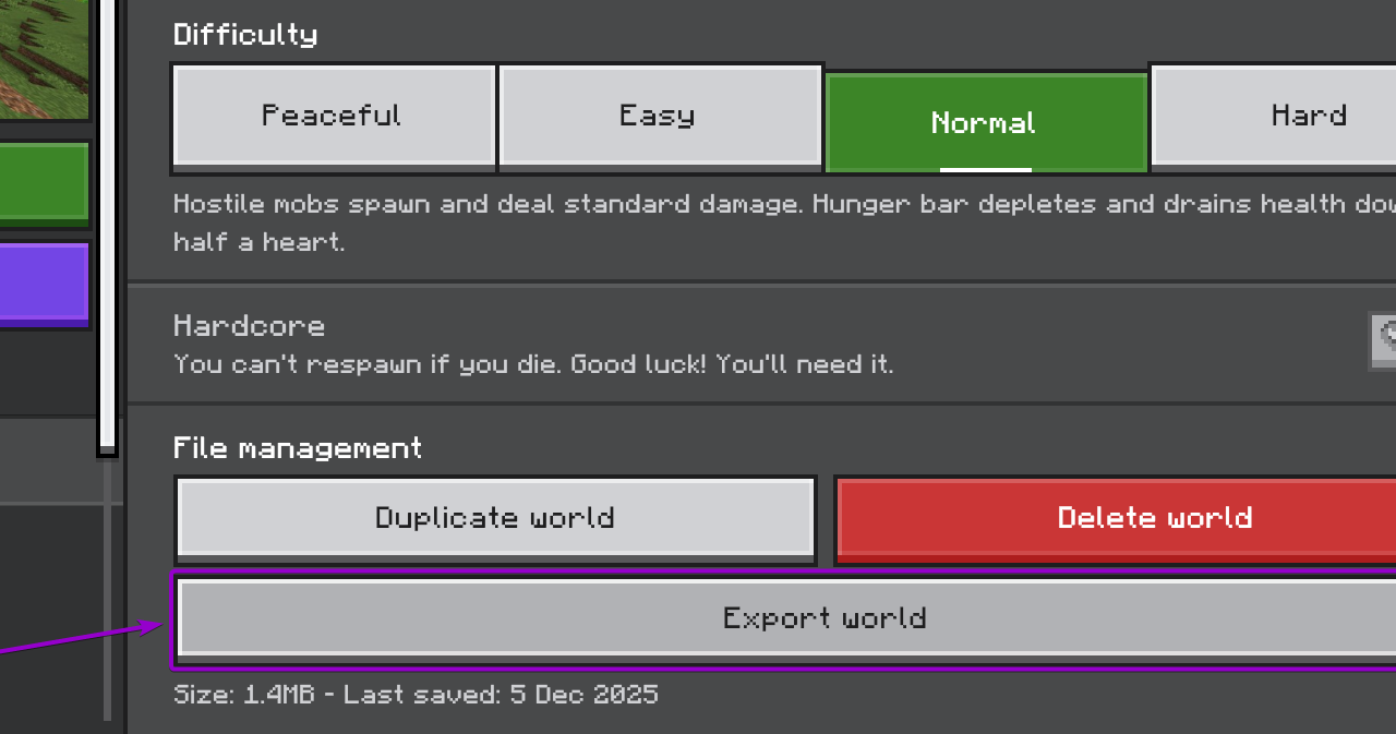 'Export world' button outlined with arrow