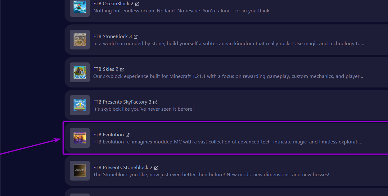 'FTB Evolution' modpack in the list outlined with arrow