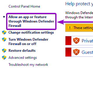 Firewall 'Allow an app or feature' tab outlined with arrow