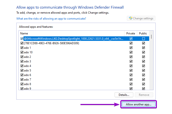 Firewall 'Allow another app' button outlined with arrow