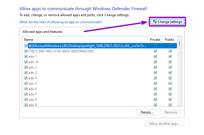 Firewall 'Change settings' button outlined with arrow