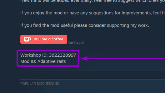 Workshop and mod ID's outlined with arrow