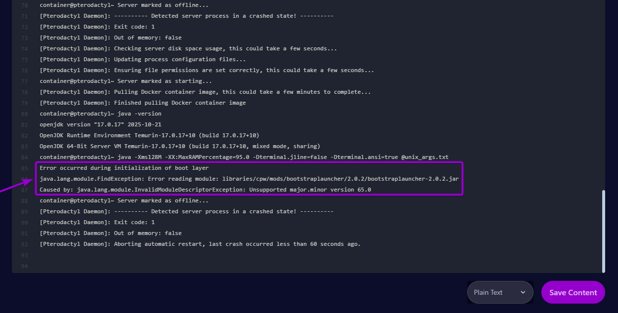 Information about the crash in the log