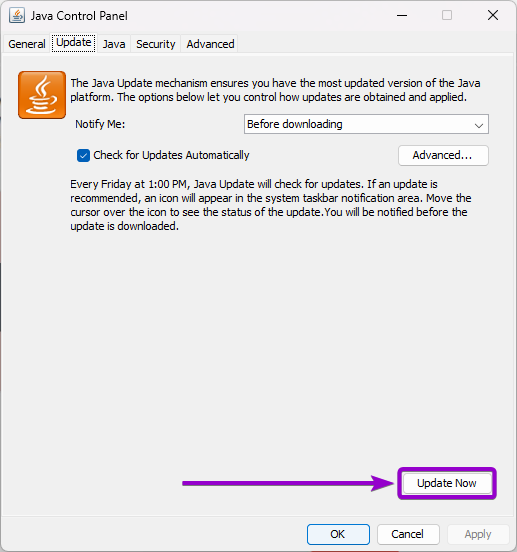Java program 'update now' button outlined with arrow