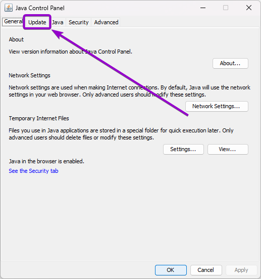 Java program 'update' tab