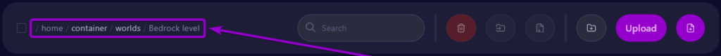 Minecraft 'Bedrock level' folder root outlined outlined with arrow