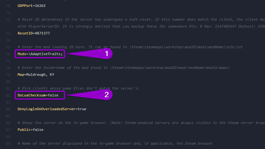 'Mod id' line and 'lua checksum' outlined with arrow