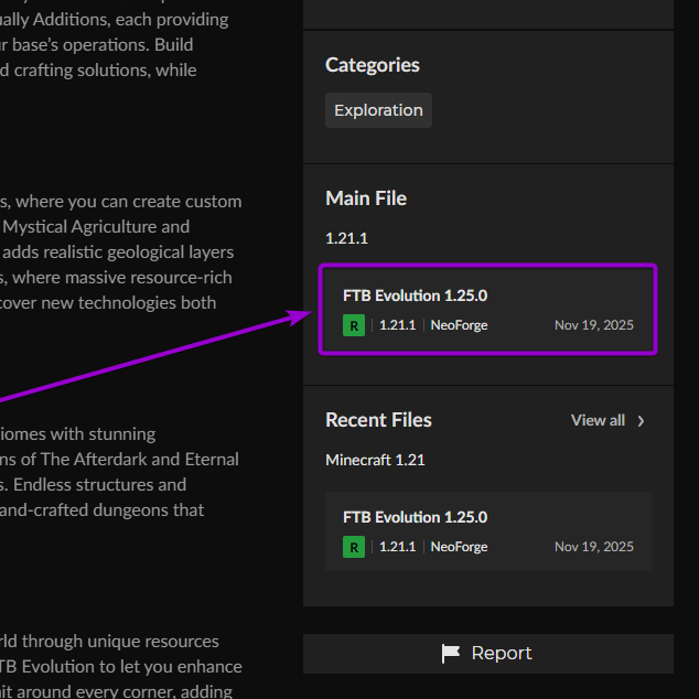 Modpack file latest version outlined with arrow