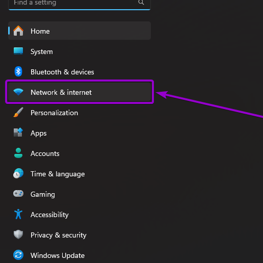 'Network and internet' tab outlined with arrow