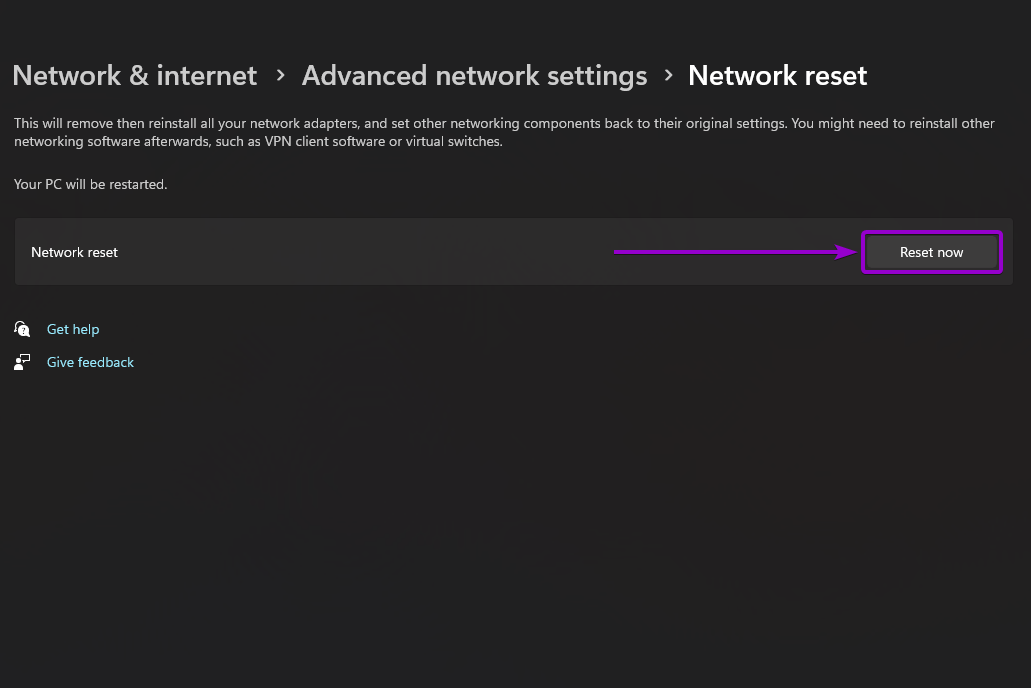 'Network reset' button outlined with arrow