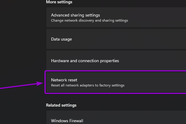 'Network reset' tab outlined with arrow