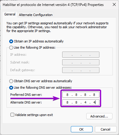 New DNS values ​​(TCP/IPv4)