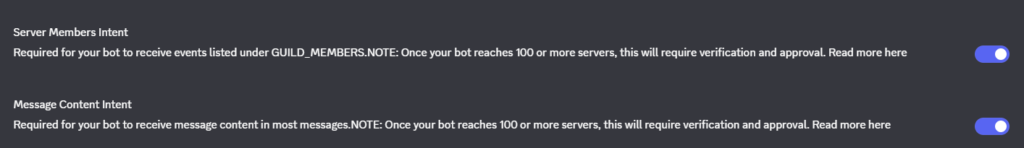 Options enabled in the discord bot configuration