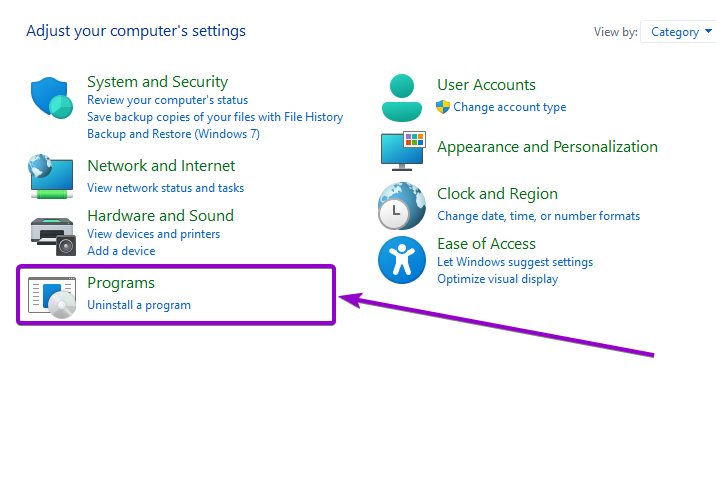 'Programs' section outlined with arrow