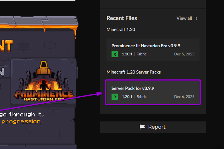 'Prominence II Hasturian Era' modpack file version for servers outlined with arrow