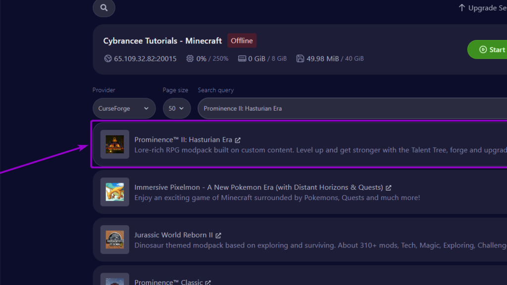 'Prominence II Hasturian Era' modpack in the list outlined with arrow