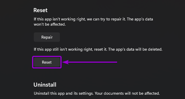 'Reset' button outlined with arrow