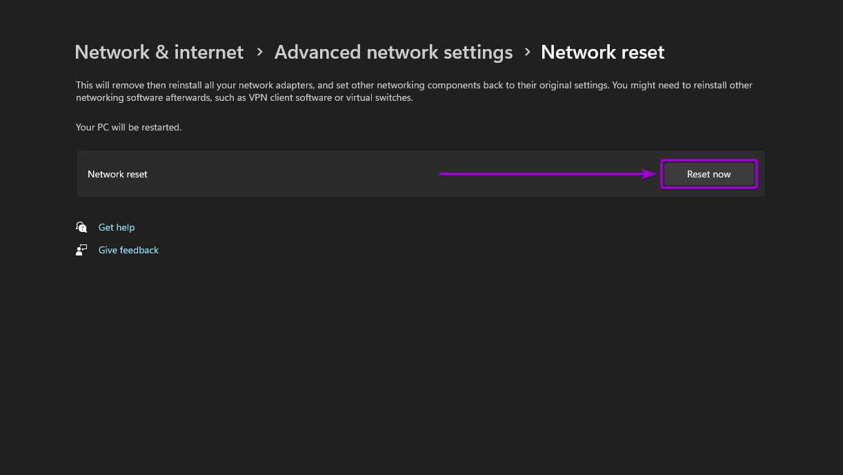 'Reset now' button outlined with arrow