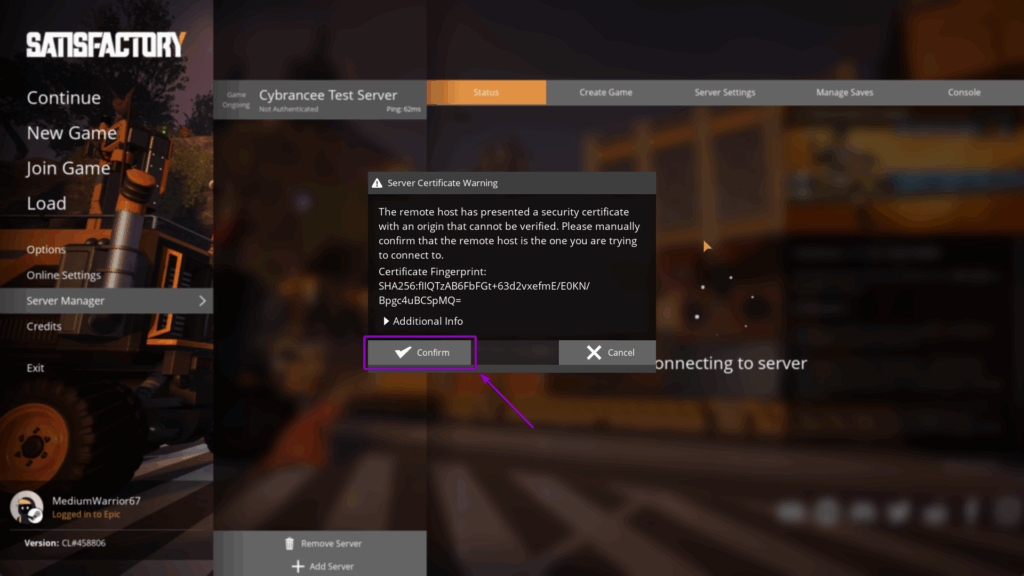 Satisfactiry - Server Certificate Warning