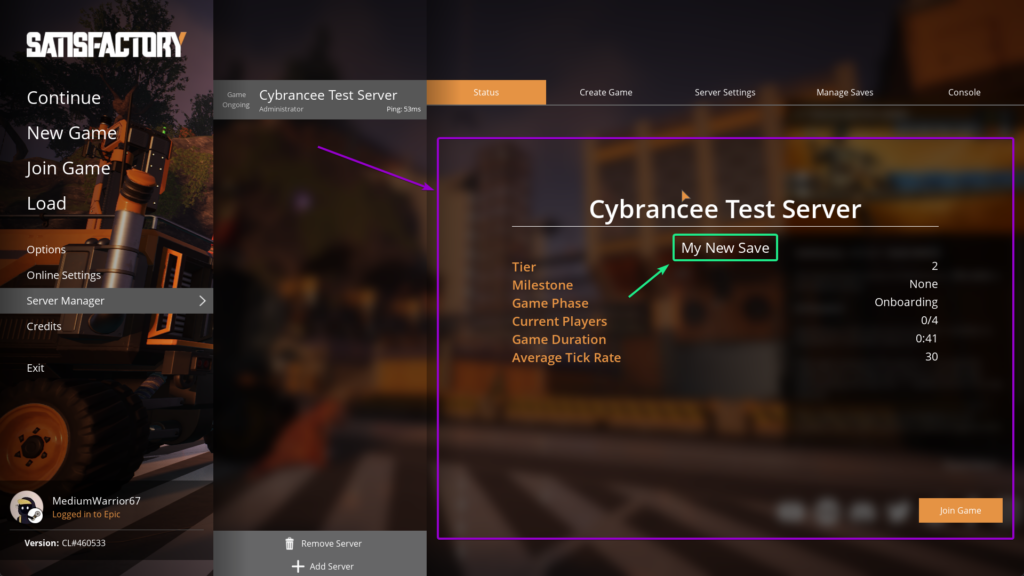 Satisfcatory - New Save is Now Allocate To Server Files Via Cybrancee Server, Shown Name in Green and Server in the Purple