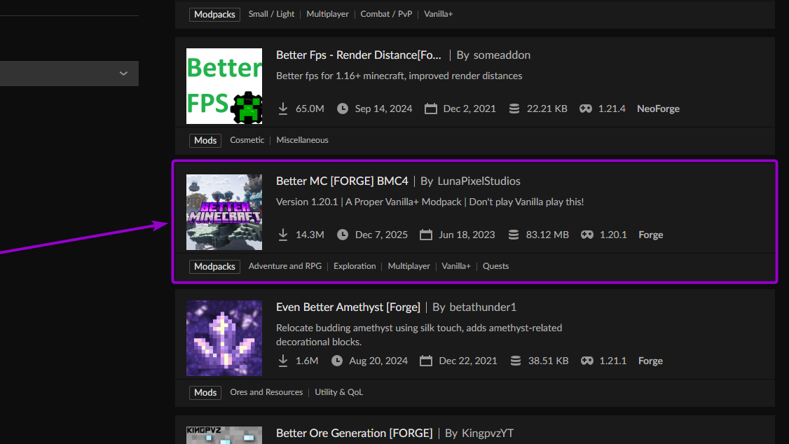 Search for 'BetterMC' modpack