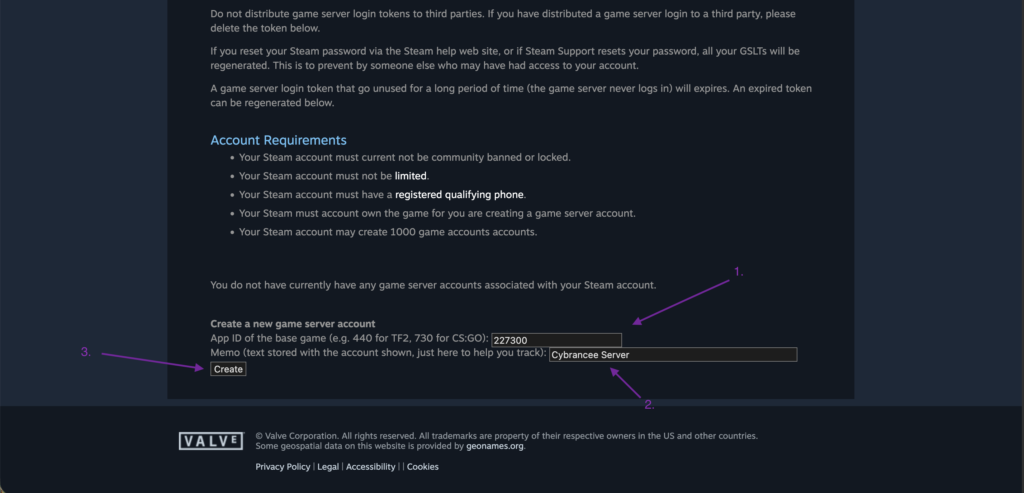 An image illustrating the steps to obtain a Logon Server Token on the Steam Game Server Portal for an Euro Truck Simulator 2 server.