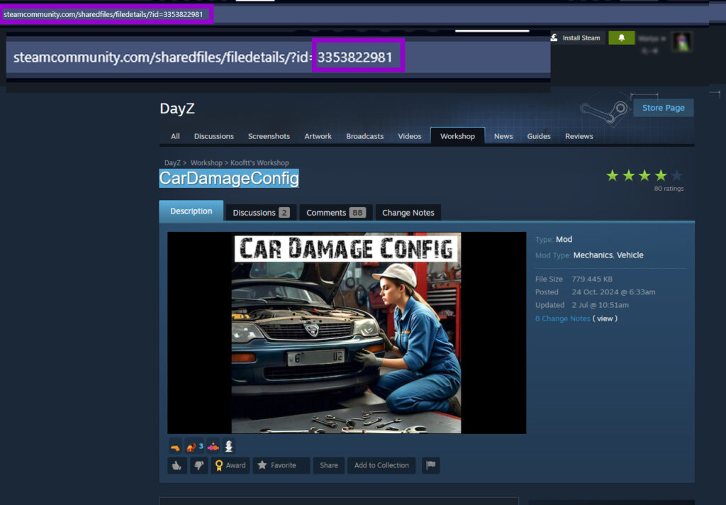 steam website with car damage config mod url and mod workshop id outlined