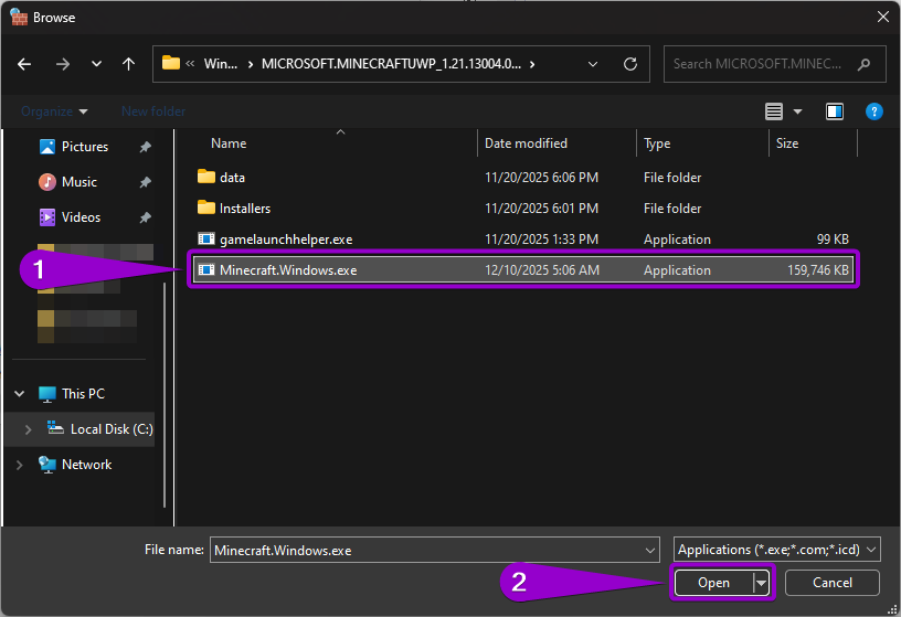 Steps to add the file 'minecraft-windows-exe'