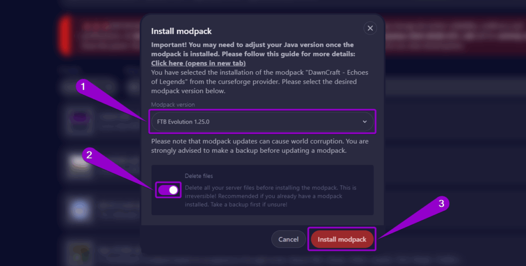 Steps to configure the modpack installation parameters