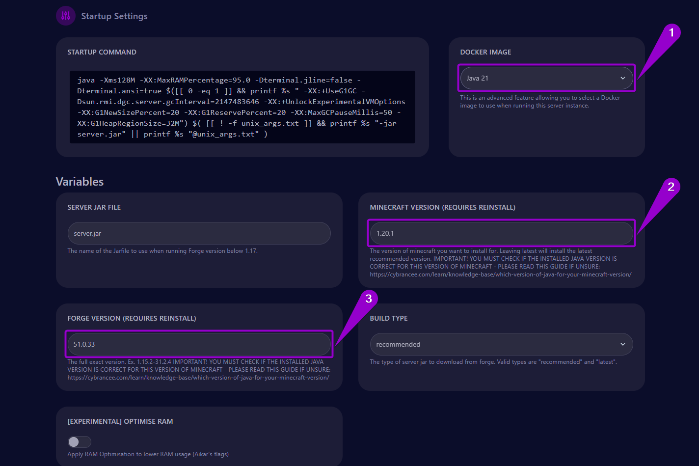 Steps to configure the startup settings parameters for 'BetterMC' modpack