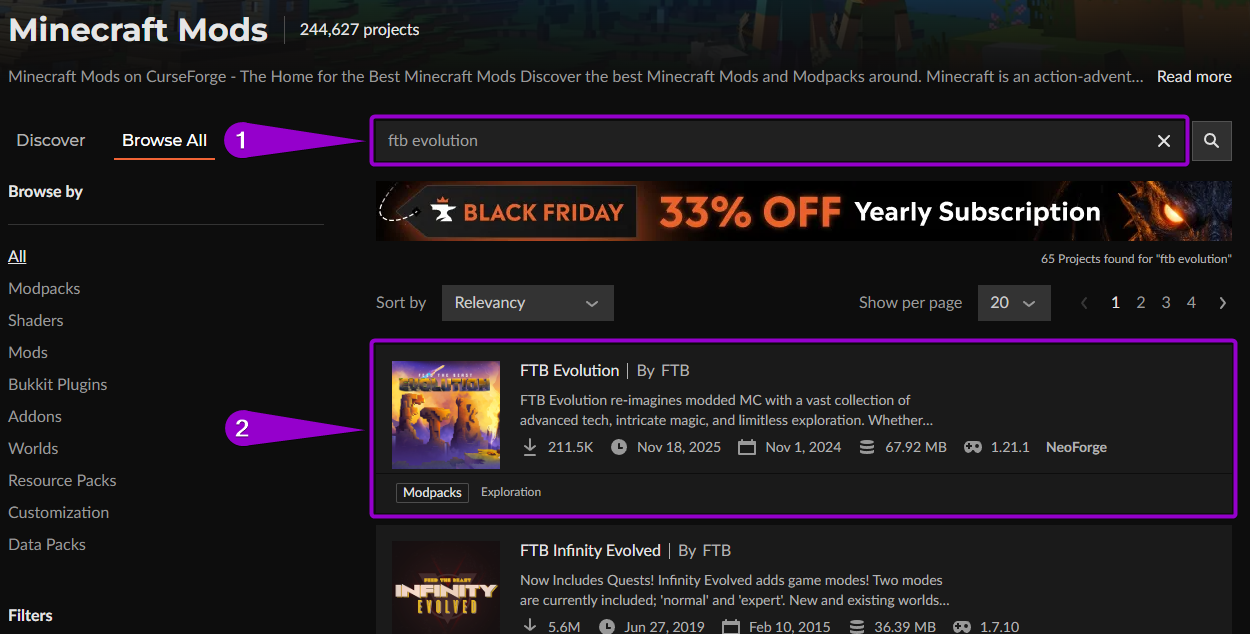 Steps to find the 'FTB Evolution' modpack