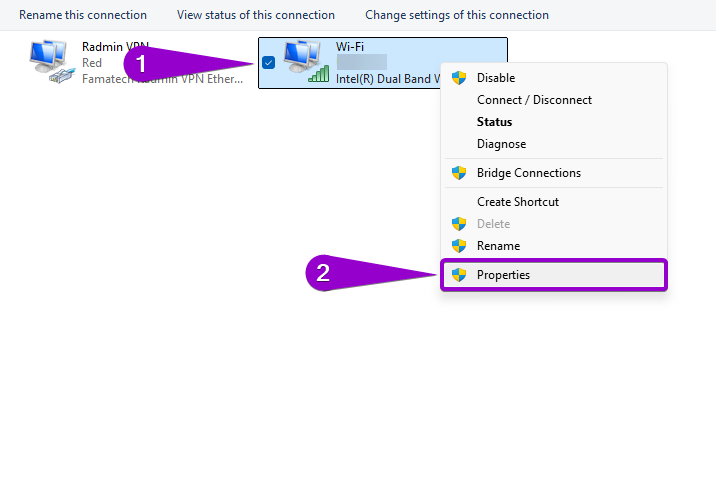 Steps to open the properties menu of the selected connection