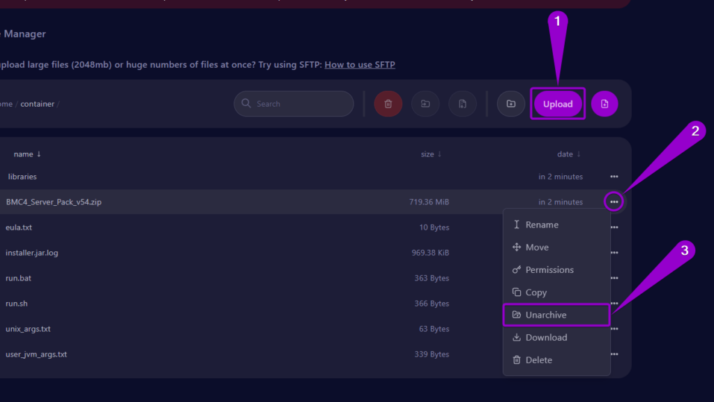 Steps to upload and unzip the BetterMC' modpack ZIP file