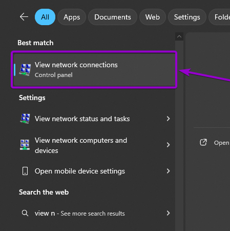 'View network connections' window outlined with arrow