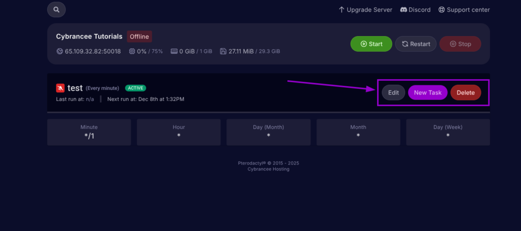 Cybrancee Panel, schedule details page. The 'Edit', 'New Task', 'Delete' buttons are highlighted.