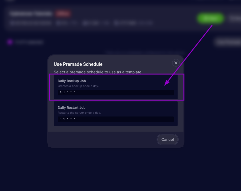 Cybrancee Panel, schedules page, the 'Daily Backup Job' option is highlighted