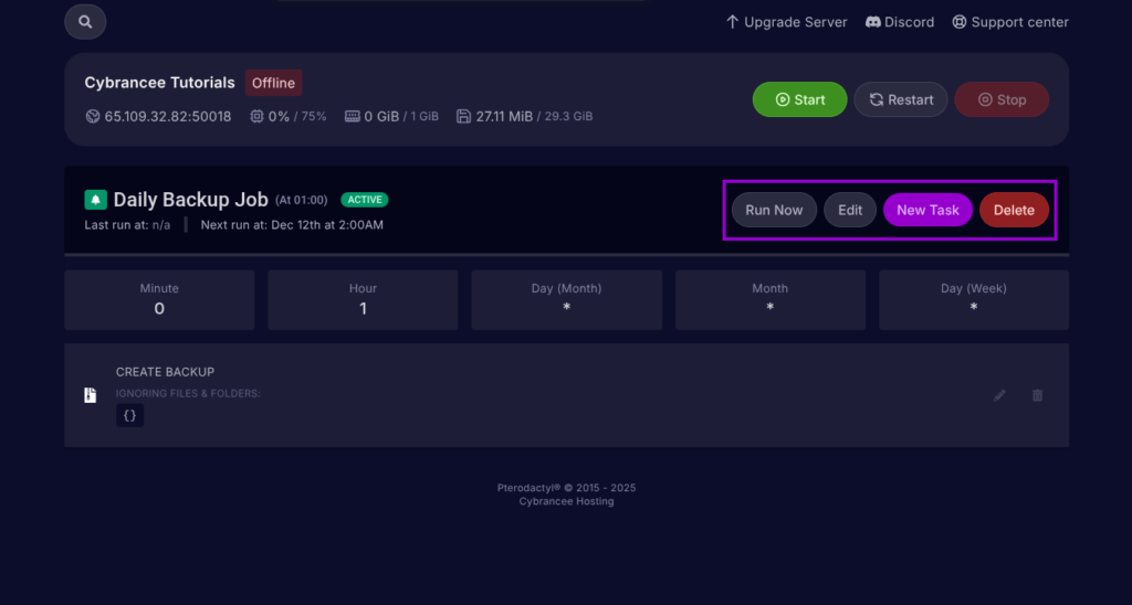 Cybrancee Panel, schedules page, backup schedule page. Management buttons are highlighted