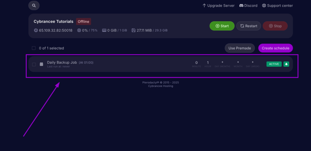 Cybrancee Panel, schedules page, the first backup schedule is highlighted