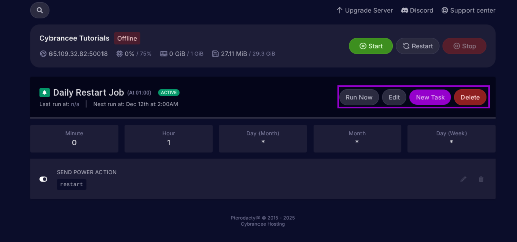 Cybrancee Panel, schedules page, restart schedule page. Management buttons are highlighted