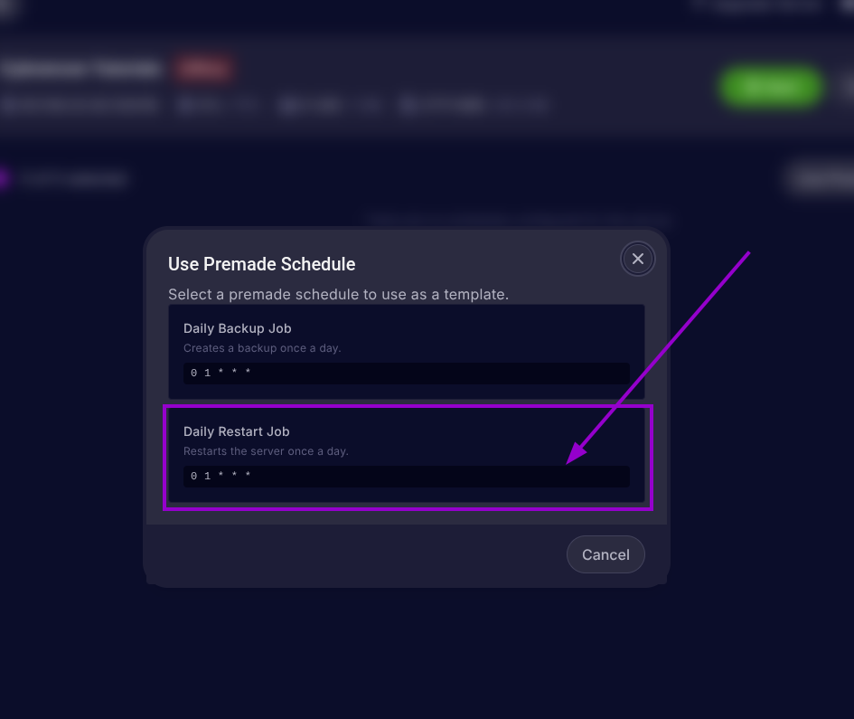 Cybrancee Panel, schedules page, the 'Daily Restart Job' option is highlighted