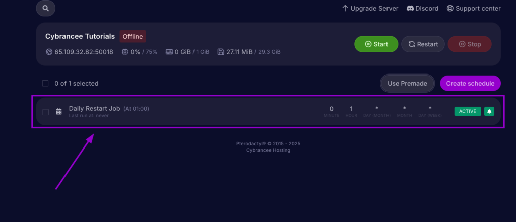 Cybrancee Panel, schedules page, the first restart schedule is highlighted