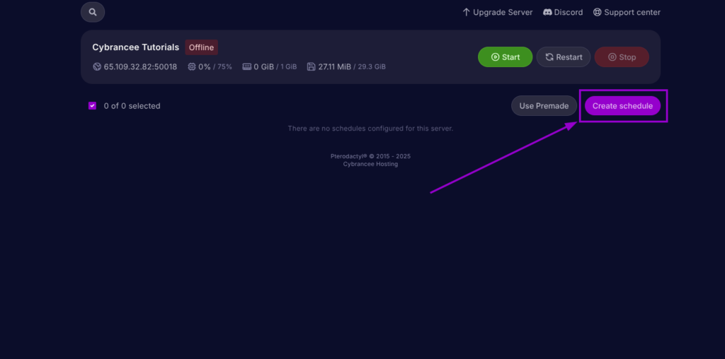Cybrancee Panel, 'Create Schedule' button is highlighted