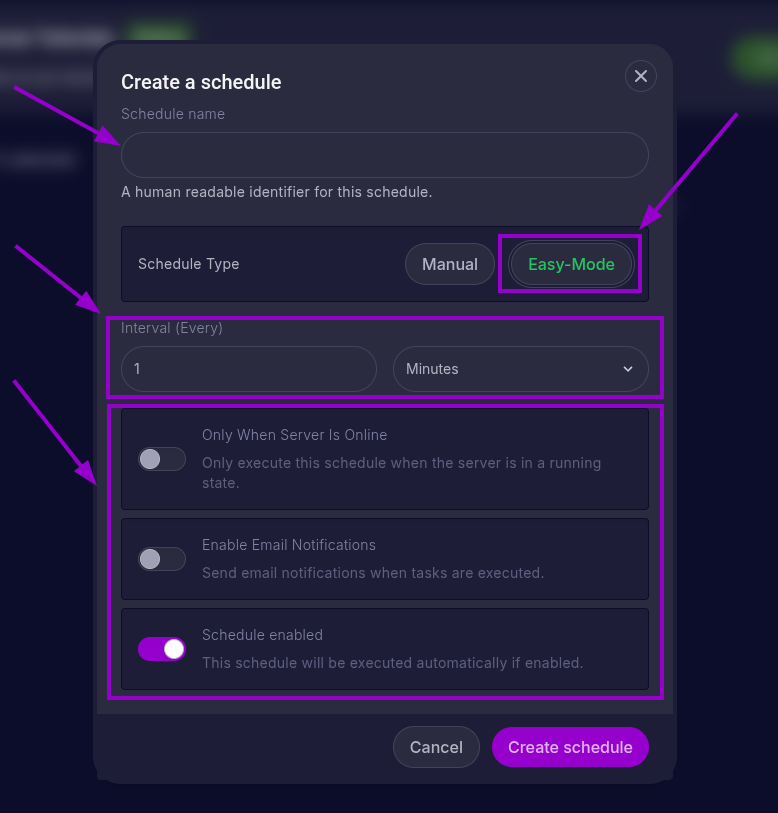Cybrancee Panel, Create a schedule form. Schedule name is highlighted, 'Easy-Mode' is highlighted, time section is highlighted, actions section is highlighted. 'Create schedule' button is highlighted